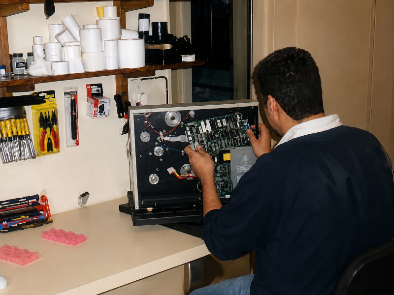 Servicio técnico trabajando sobre el interior de un equipo de impresión y etiquetado.
